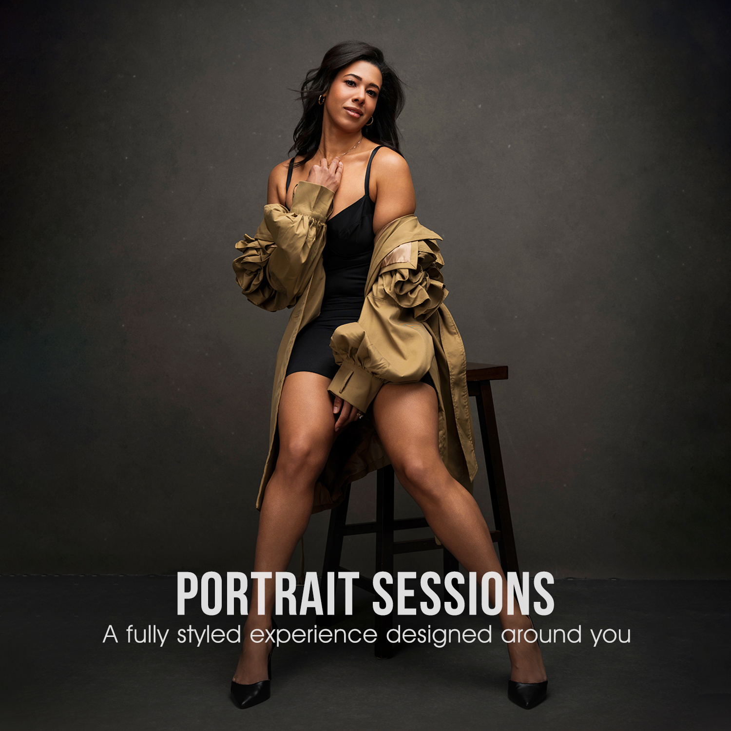 Milwaukee portrait photography studio portrait of woman in a trench coat with high heels